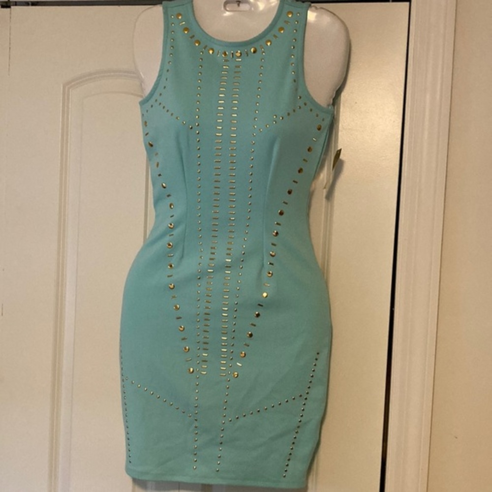 NWT Nicki Minaj Aruba Blue gold tone stud grommets form fitting zippered dress